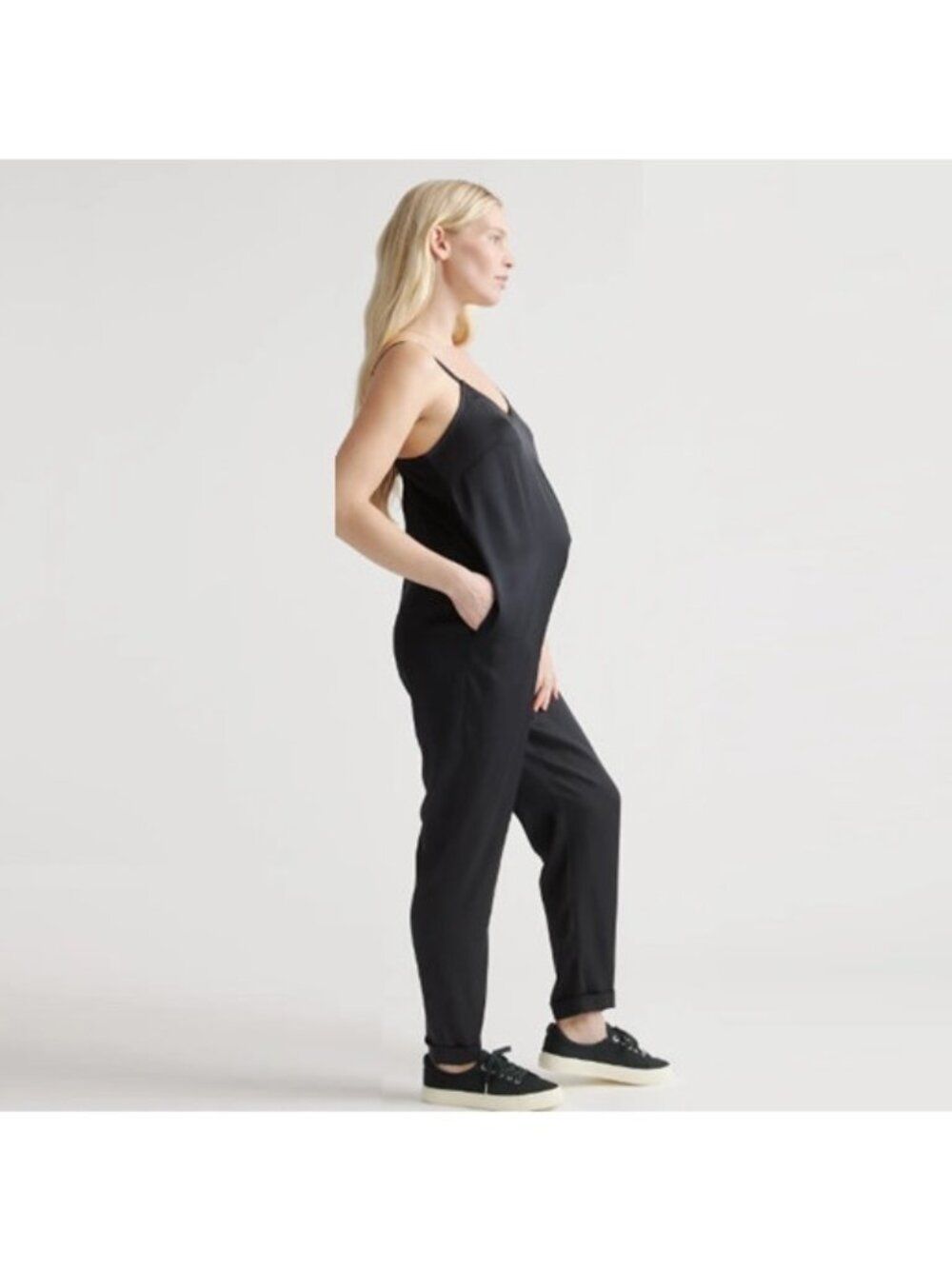 Quince Black Maternity Silk Sleeveless Jumpsuit size S Small Washable Stretch
